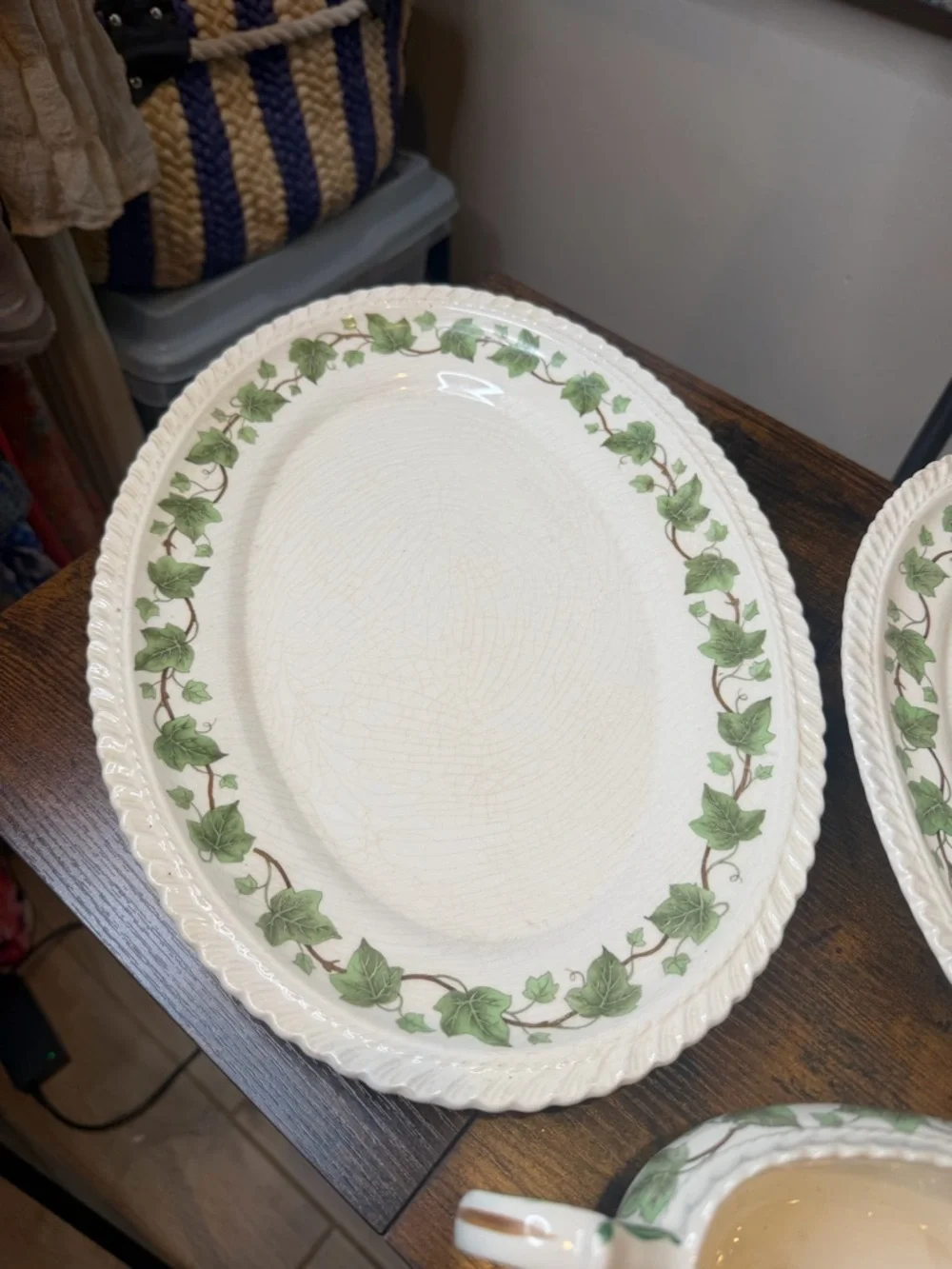 Vintage Harker Pottery Royal Gadroon Green Ivy 2 Serving Platter 1 Gravy Boat